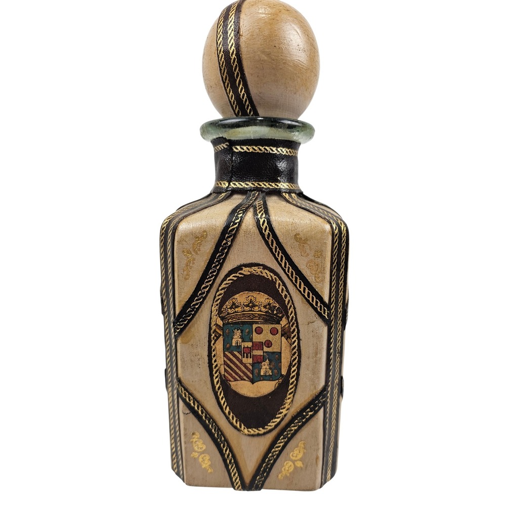 Vintage Italian‎ Leather Wrapped Glass Decanter Heraldic Crest Gold Tooled Cream